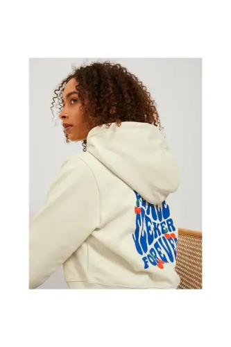 Jack Jones Jjxx Kadın Oversize Crop Kapüşonlu Muflon Uzun Kollu Sweatshirt - Ekru - 4