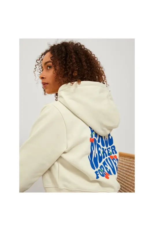 Jack Jones Jjxx Kadın Oversize Crop Kapüşonlu Muflon Uzun Kollu Sweatshirt - Ekru - 4