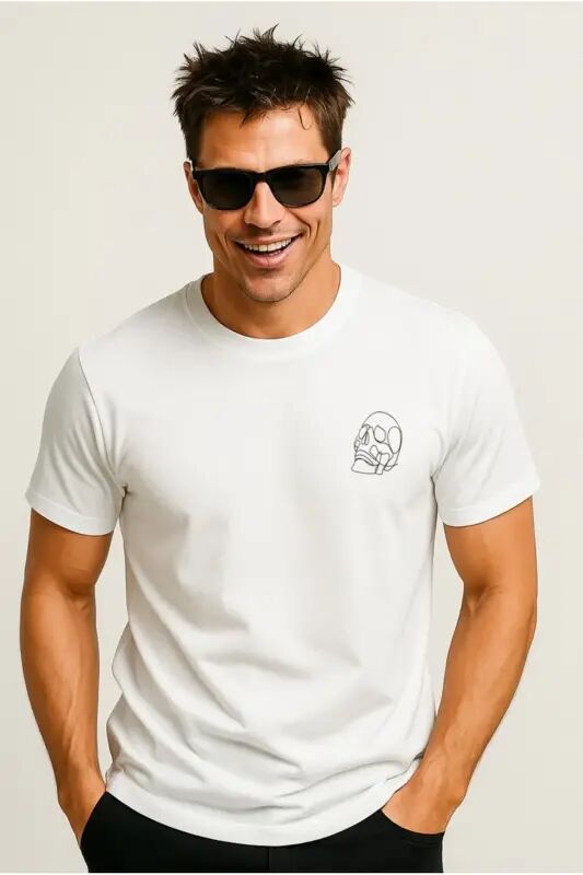 Jack Jones Skull Logo Erkek Tişört Beyaz - Beyaz-Skull - Jack & Jones