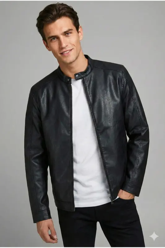 Jack & Jones Slim Fit Black Men's Leather Jacket - 2