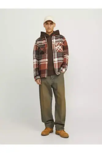 Jack & Jones Slim Fit Kareli Uzoq Yengli Jigarrang Erkaklar Ko'ylagi 