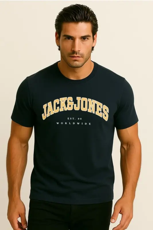 Jack Jones Slogan Logo Erkek Tişört Lacivert - Navy-Slogan - 1