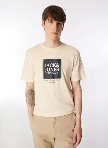 Jack & Jones Velosiped Yoqali Krem Erkaklar Futbolkasi JORLAFAYETTE BOX TEE SS CREW NECK - 1
