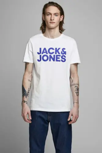 JACK JONES Yazılı Erkek Bisiklet Yaka Tişört 12151955-WHITE 