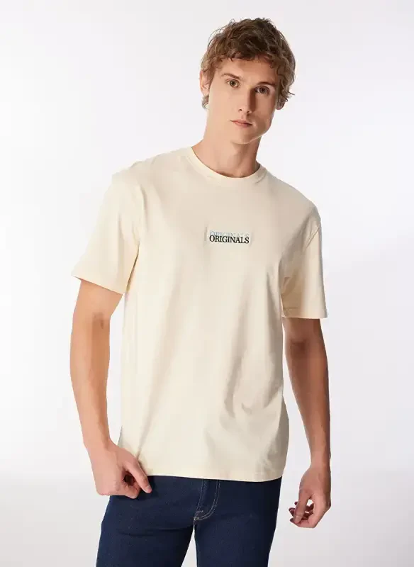 Jack & Jones Yuvarlak Yaka Krem Erkak T-Shirt JORLAFAYETTE EMB TEE SS CREW NECK - JACK & JONES