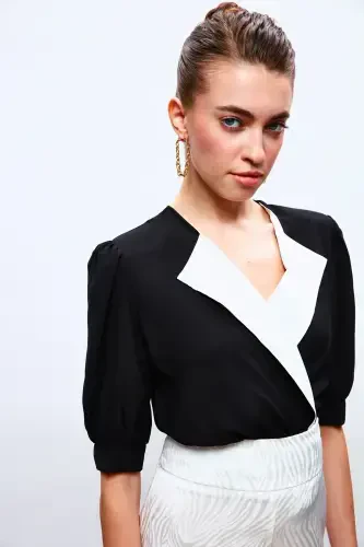 Jacket Collar Bodysuit Blouse - BLACK - 3