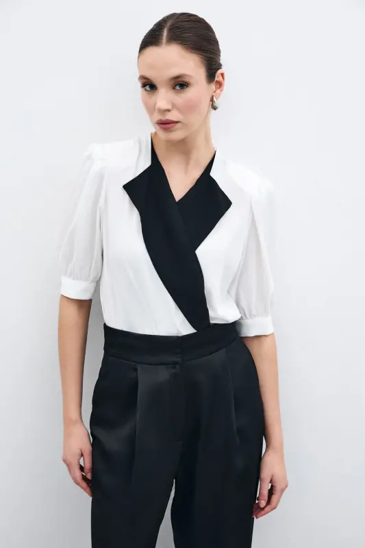 Jacket Collar Bodysuit Blouse - ECRU-ECRU - 1