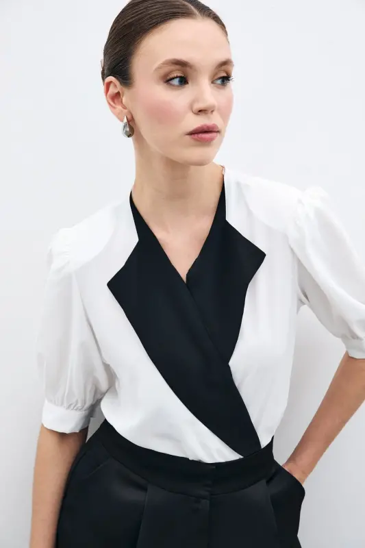 Jacket Collar Bodysuit Blouse - ECRU-ECRU - 2