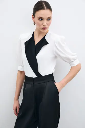 Jacket Collar Bodysuit Blouse - ECRU-ECRU - 3