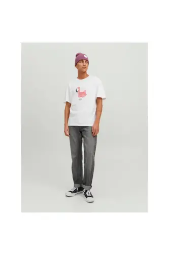 Jack&Jones 100% paxtadan tikilgan oq rangli erkaklar uchun futbolka, dumaloq yoqa va bosma bilan. - 6