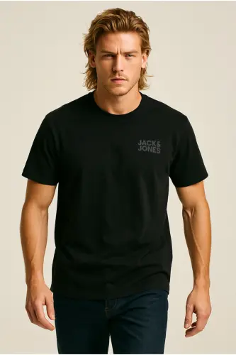 JACK&JONES 12158505 SOL GOGUS YAZILI BUYUK BEDEN KISA KOL TSHIRT-SIYAH 