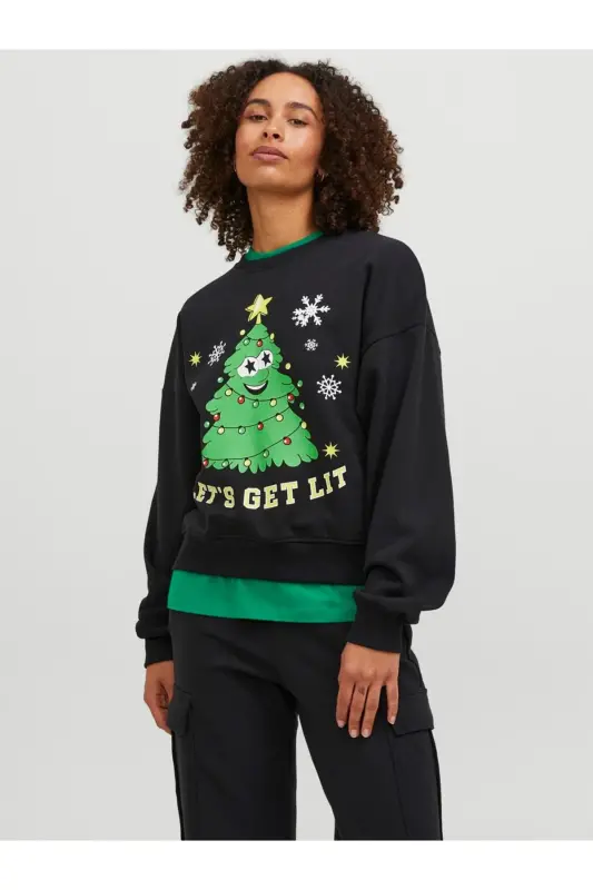 Jack&Jones ayollar uchun qora paxta svitshoti, bo'sh kesilgan, dumaloq bo'yin (12250198) - JACK & JONES