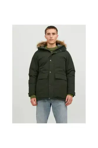 Jack&jones Champ Faux Fur Erkaklar Yashil Kapüşonli Mont-Yashil - 1