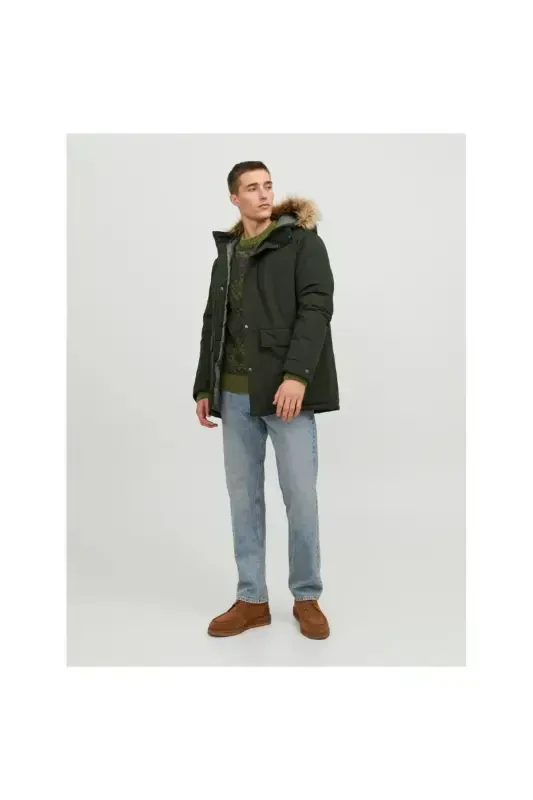 Jack&jones Champ Faux Fur Мужская зеленая куртка с капюшоном - Зеленый - 2