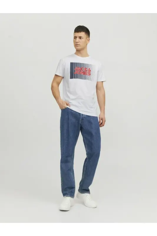 Jack&jones Corp Logo Play O Neck Erkak Oq Dumaloq Yoqali Futbolka-oq - 4