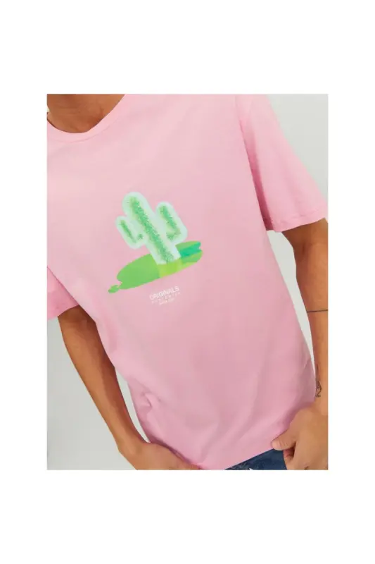 Jack&jones Crew Neck Printed Pink Men's 100% Cotton T-shirt 12238166-Pink - 4