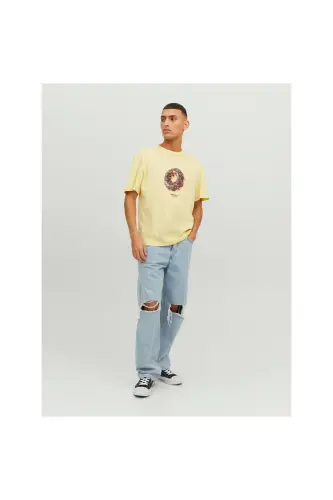 Jack&jones Crew Neck Printed Yellow Men's 100% Cotton T-shirt 12238166-Yellow - 3