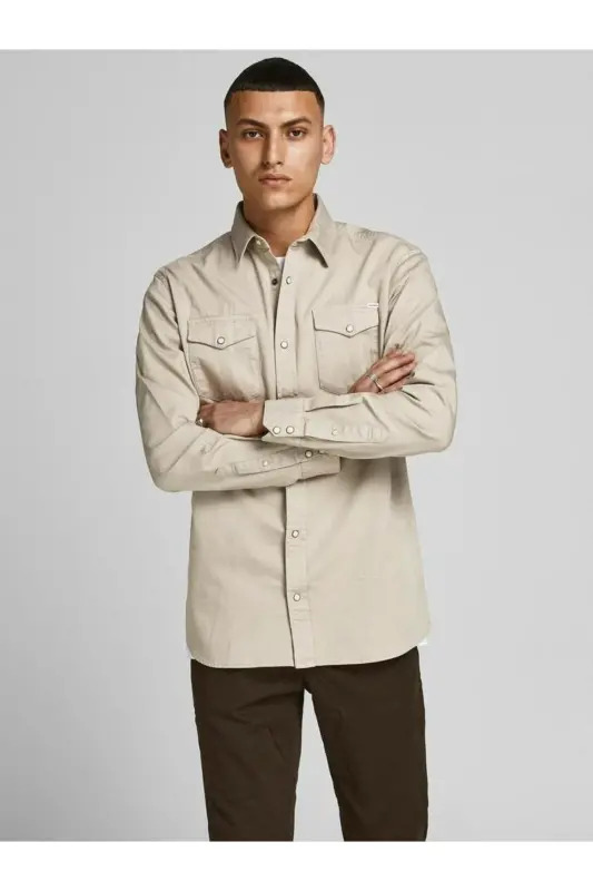 Jack&Jones Erkaklar uchun bej jinsi ko'ylagi (uzun yengli) - 2