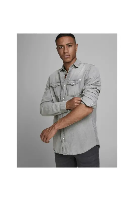 Jack&Jones Erkaklar uchun och kulrang uzun yengli jinsi ko'ylak (12138115) - 6