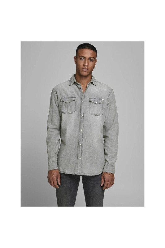 Jack&Jones Minimalist Uzun Kol Regular Fit Erkek Denim Gömlek-Açık Gri - 1