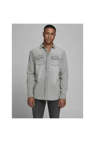 Jack&Jones Minimalist Uzun Kol Regular Fit Erkek Denim Gömlek-Açık Gri - 2