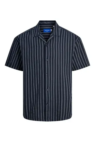 Jack&Jones Oversize Kısa Kol Çizgili Erkek Gömlek - Minimalist - Lacivert-Beyaz - 3