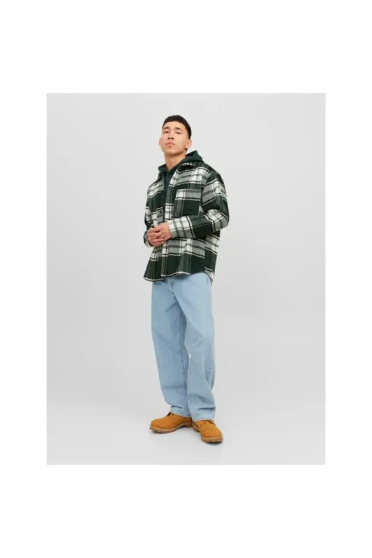 Jack&Jones Oversize Kareli Uzun Kol Gömlek - Günlük Şıklık - Koyu Yeşil - 2