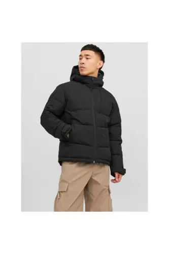 Jack&Jones Minimalist Oversize Kapüşonlu Erkek Kışlık Mont-Dark Black 