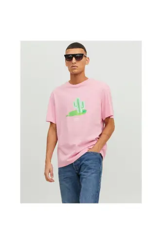 Jack&jones Футболка мужская розовая с круглым вырезом и принтом, 100% хлопок 12238166-Розовый - 1