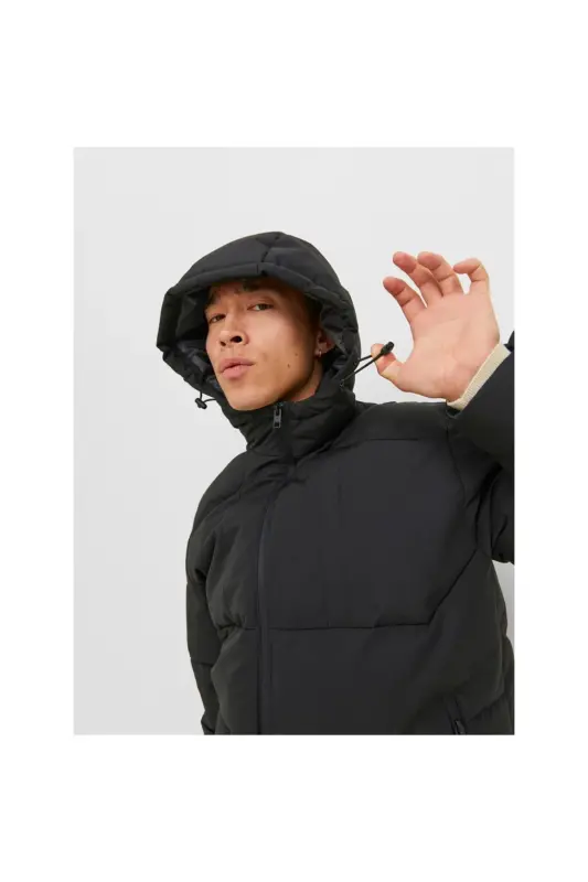 Jack&Jones Minimalist Oversize Kapüşonlu Erkek Kışlık Mont - Dark Black - 5