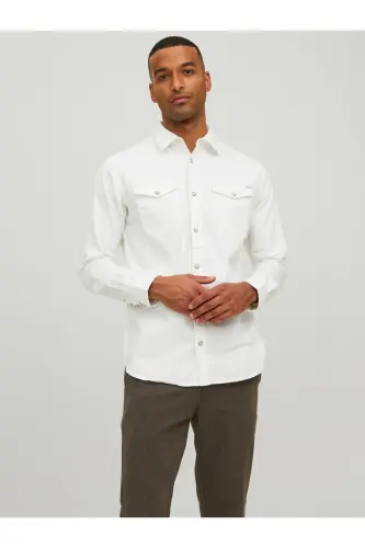 Jack&Jones Minimalist Uzun Kol Regular Fit Erkek Denim Gömlek-Ekru 