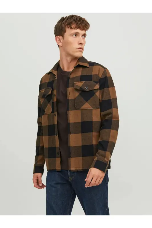 Comfort Fit Kahve Kareli Erkek Gömlek JPRROY CHECK OVERSHIRT L/S SN - Kahverengi - 2