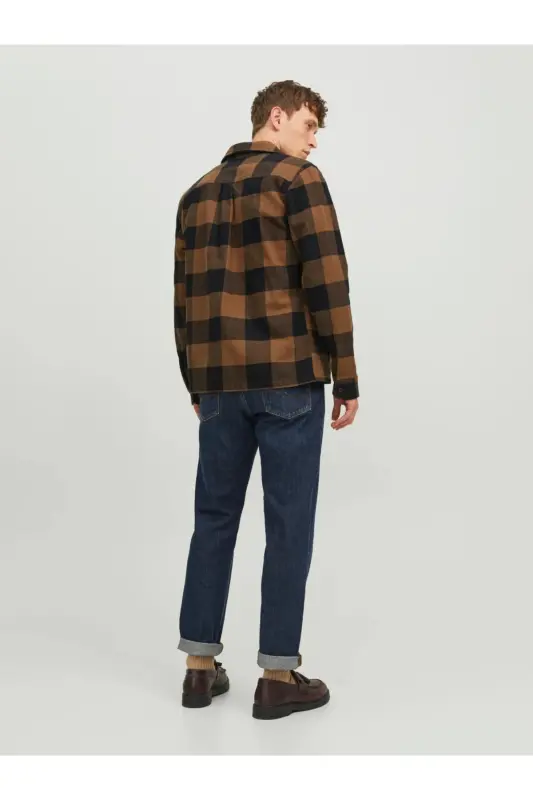 Comfort Fit Kahve Kareli Erkek Gömlek JPRROY CHECK OVERSHIRT L/S SN - Kahverengi - 3