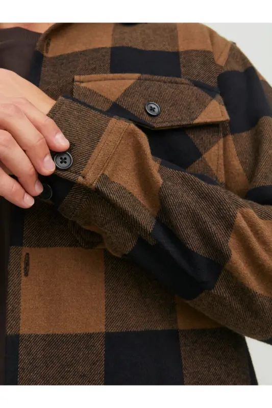 Comfort Fit Kahve Kareli Erkek Gömlek JPRROY CHECK OVERSHIRT L/S SN - Kahverengi - 5