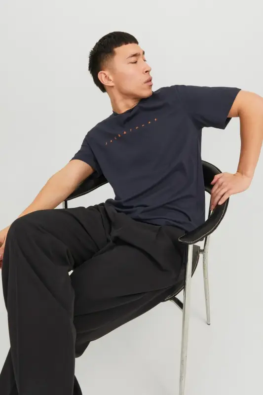 Jack&jones Star Мужская темно-синяя футболка с круглым вырезом - ТЕМНО-СИНИЙ - 4