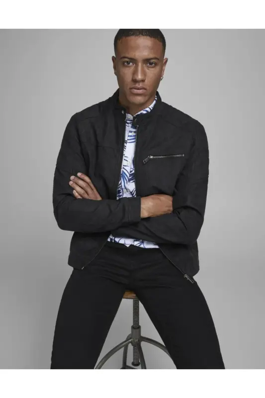 Jack&jones Замша Черный Мужской Pu Кожаная Куртка 12147218-Замша Черный - 5