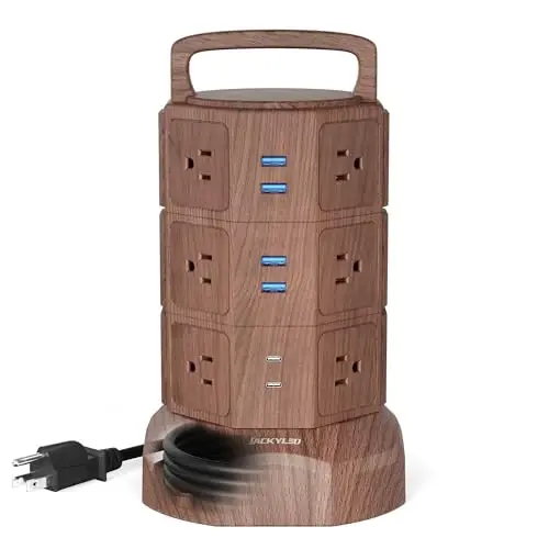 JACKYLED Power Strip Tower Surge Protector with 6.5ft Extension Cord 6 USB Ports and 12 AC Outlets Electric Charging Station for Home Office Dorm Desktop Computer Walnut and Black - JACKYLED
