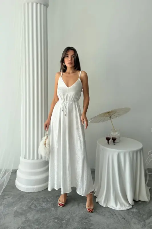 JACQUARD SATIN DRAPED STRAP DRESS WITH ROPE BELT - White - 1