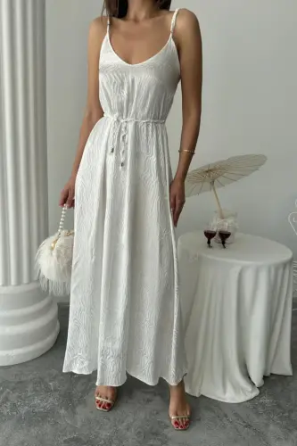 JACQUARD SATIN DRAPED STRAP DRESS WITH ROPE BELT - White - BÜYÜKBEDENIZ (1)