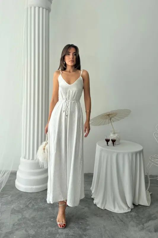 JACQUARD SATIN DRAPED STRAP DRESS WITH ROPE BELT - White - 3