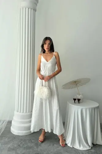 JACQUARD SATIN DRAPED STRAP DRESS WITH ROPE BELT - White - 4