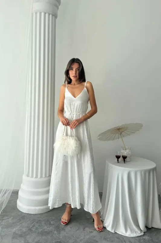 JACQUARD SATIN DRAPED STRAP DRESS WITH ROPE BELT - White - 4