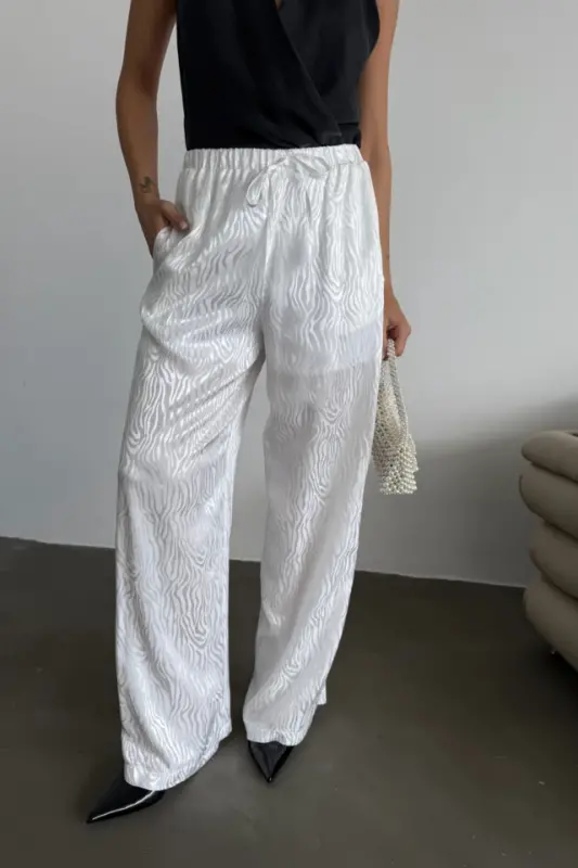 JACQUARD SATIN TROUSERS - White - 3