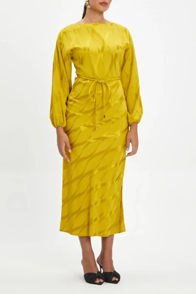 Jacquard Self-Patterned Lace-Up Slit Midi Yellow Dress 39877 - Modazone