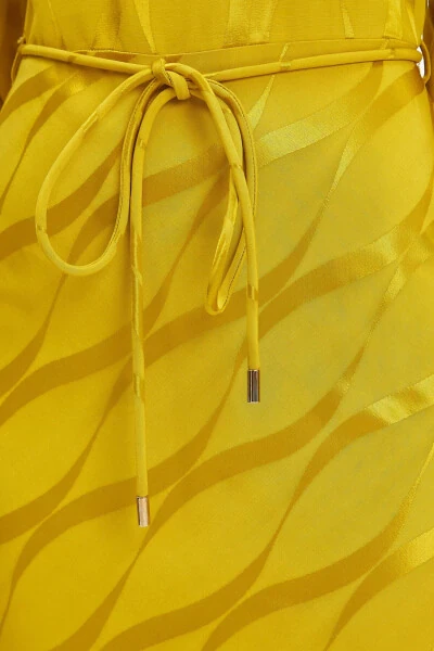 Jacquard Self-Patterned Lace-Up Slit Midi Yellow Dress 39877 - 3