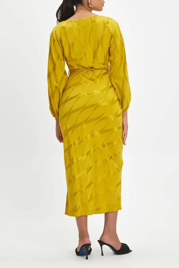 Jacquard Self-Patterned Lace-Up Slit Midi Yellow Dress 39877 - 4