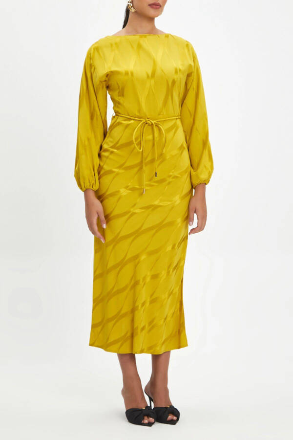 Jacquard Self-Patterned Lace-Up Slit Midi Yellow Dress 39877 - 1
