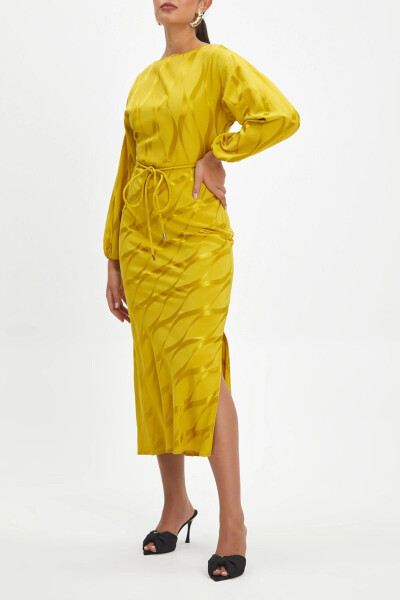 Jacquard Self-Patterned Lace-Up Slit Midi Yellow Dress 39877 - SERPIL (1)