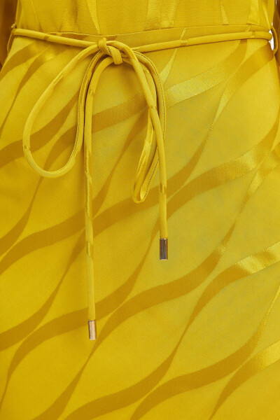 Jacquard Self-Patterned Lace-Up Slit Midi Yellow Dress 39877 - 3