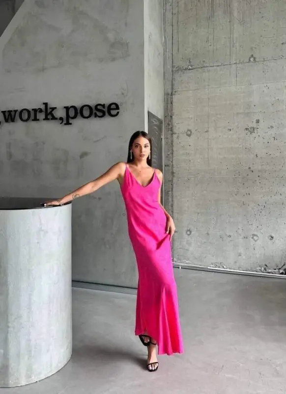 JACQUARD STRAP SATIN ASYMMETRIC DRESS - Pink - BÜYÜKBEDENIZ